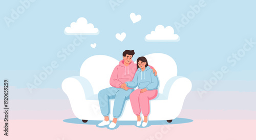 Couple Cuddling On A Sofa, Surrounded By Hearts And Clouds, Expressing Affection