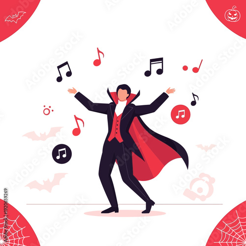 Elegant Vampire Maestro Conducting Musical Notes with Halloween Decorations Around Him