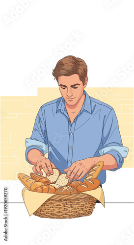 Artistic Depiction of a Baker Selecting Freshly Baked Bread From Woven Basket