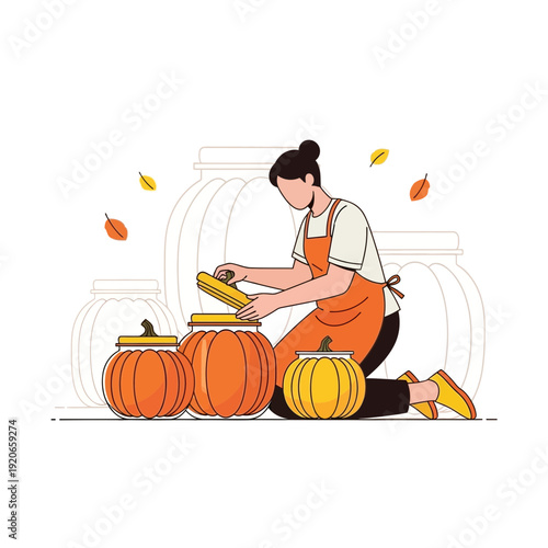 Artistic Illustration Of A Person Preserving Pumpkins With Autumnal Elements and Charm