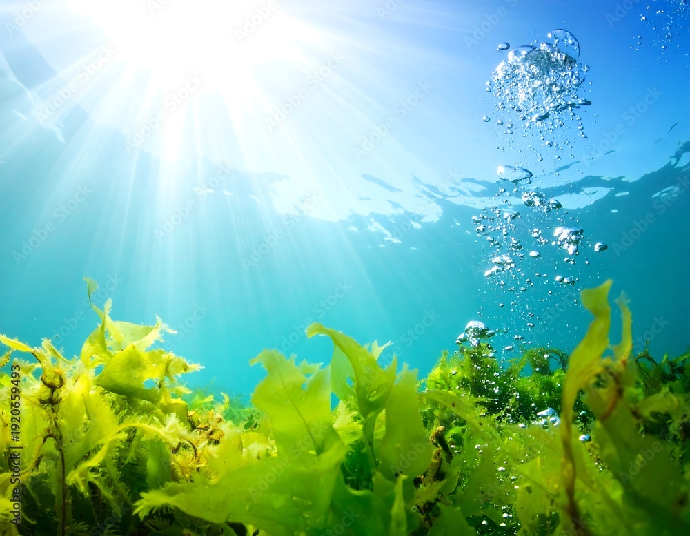 Fototapeta premium Sunlight filters down to ocean plants, bubbles rise. Turquoise water, blue sky, bright