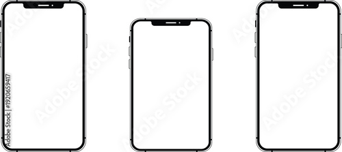 Comparison of three smartphone designs with varying screen sizes and shapes isolated on transparent background