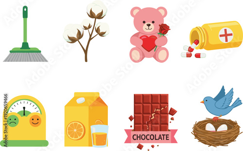 Flat Vector Icon Set Featuring Cleaning Broom, Cotton Plant, Valentine Teddy Bear, Medicine Bottle, Juice Carton, Chocolate Bar, and Bird in Nest