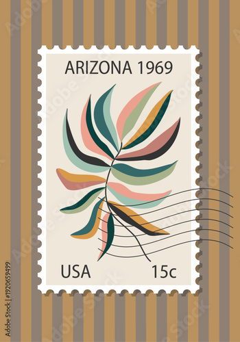 Retro Floral Postage Stamp Poster 1960s Style Vector Illustration