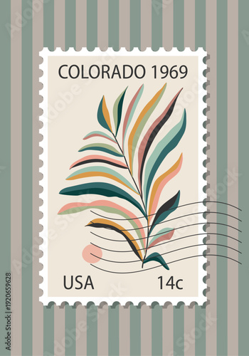 Retro Floral Postage Stamp Poster 1960s Style Vector Illustration