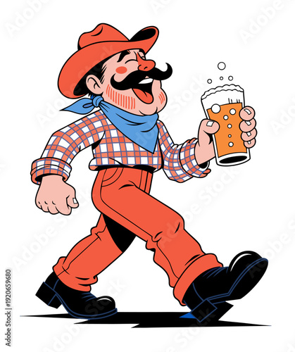 Vintage style beer drinker illustration. Happy character walking with a beer glass, perfect for bar decor, craft beer branding, and promotional designs.