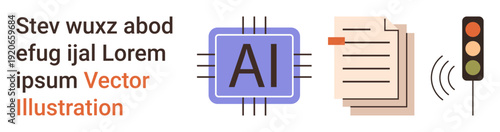 Artificial intelligence, automation, data processing, smart traffic, digital communication, AI in infrastructure. Visuals include an AI chip, documents and a traffic signal. AI development