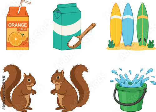 Flat Vector Illustration Set Featuring Orange Juice Carton, Surfboards on Beach, Cute Squirrel Characters, and a Water Splash in a Green Bucket