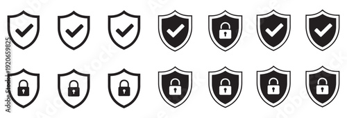 Shield security icon set, protection check mark lock symbols, vector safety interface cybersecurity application icon collection isolated style