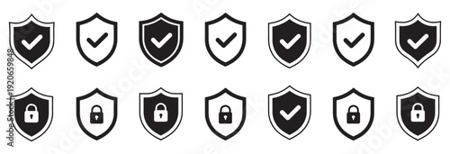 Shield security icon set, vector protection icons with check mark lock elements, cybersecurity safety interface design collection