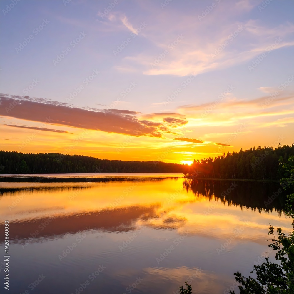 Obraz premium Serene Lake Sunset with Reflections.