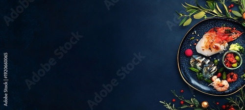 Panel kuchenny z motywem Elegant seafood platter with fresh fish, shrimp, and garnishes on a dark blue background with gold trim