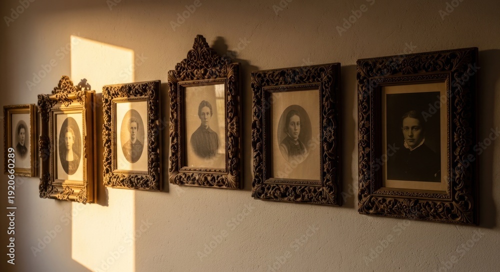 custom made wallpaper toronto digitalVintage portraits in ornate frames, lit by sunlight, line a wall, creating an aesthetic display