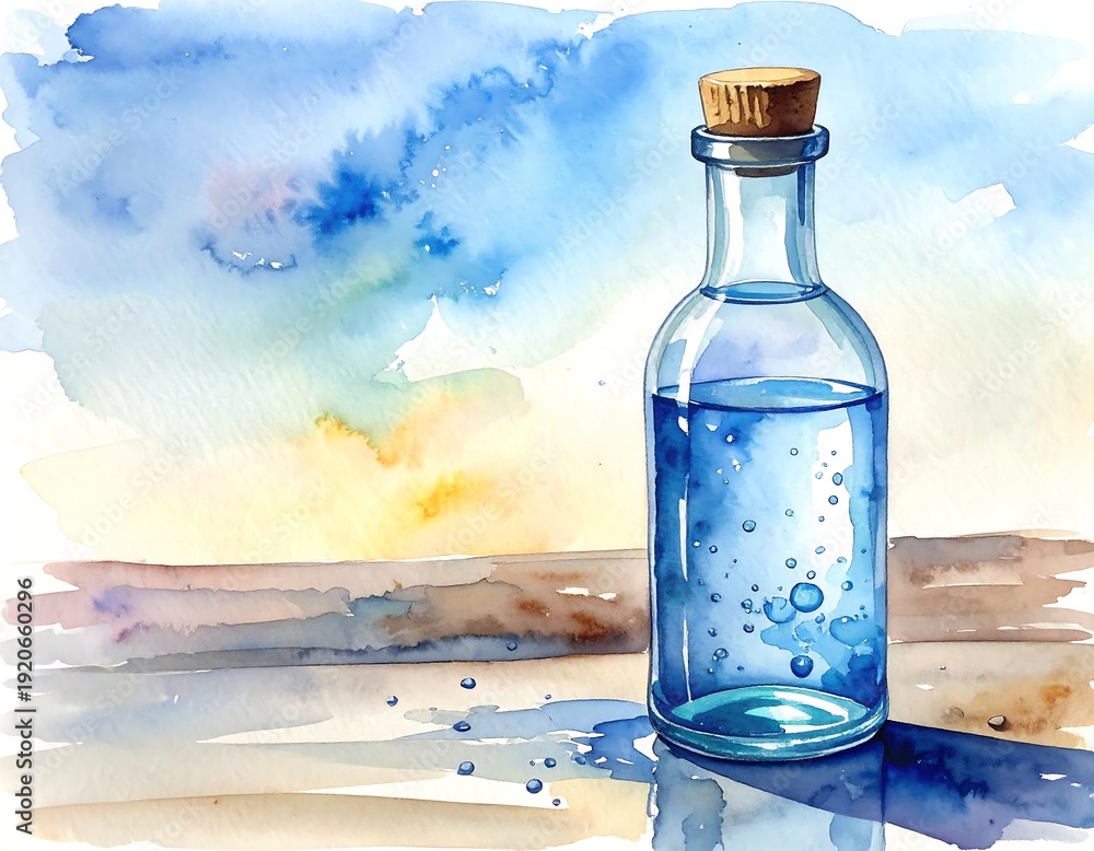Obraz premium Glass bottle with clear liquid and cork stopper, watercolor style