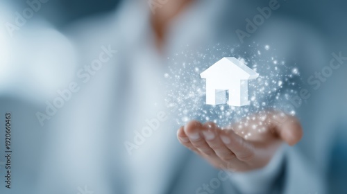 Digital Home: A person holds a digital house in their hand, symbolizing concepts such as home ownership, real estate, and property technology.