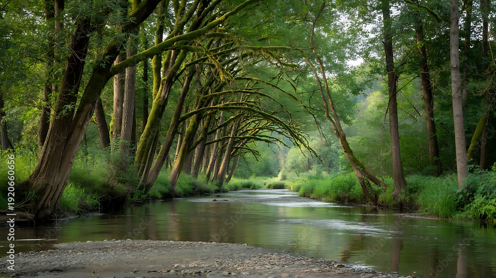 Obraz premium Serene Forest River with Moss-Draped Trees and Lush Greenery