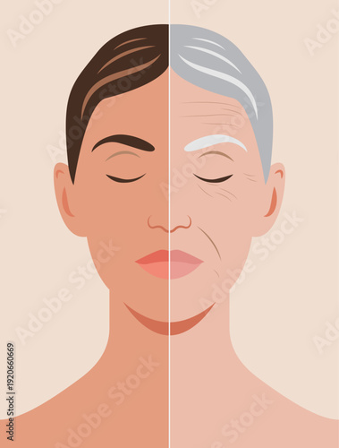 Flat illustration of a woman with eyes closed closed showing the difference in skin changes between young and old age.