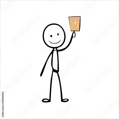 Simple stick figure character holding up a blank rectangular object for presentation on an isolated white background.