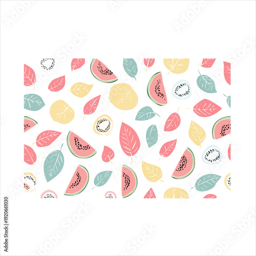 Seamless pattern of fresh watermelon slices, kiwi slices, and green leaves on a light background, conveying a summer theme.