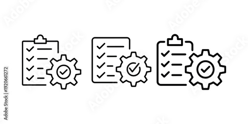 Project management icon set with clipboard checklist and gear wheel isolated on white background vector illustration for task optimization and workflow