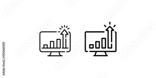 Computer monitor displaying a bar chart with an upward arrow, representing business growth and data analysis on a white background