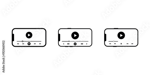 Smartphone video player interface icon set showing mobile screen with playback controls and progress bar for multimedia application design and usability