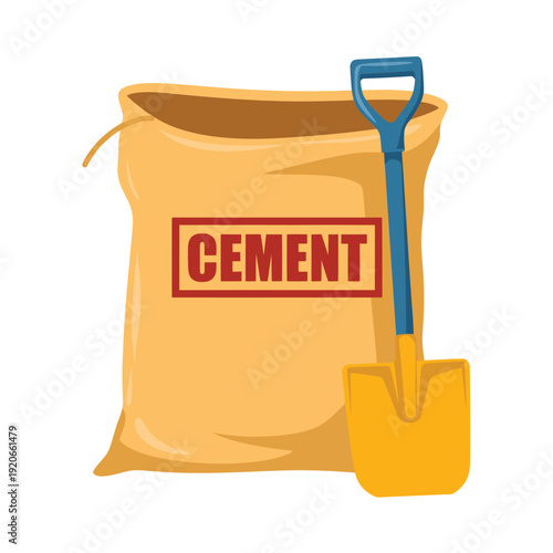 Illustration of a cement bag with a shovel leaning against it, depicting construction materials and tools