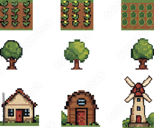 Set of pixel objects: farm, village, pixel art