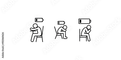Tired person vector icon set showing exhausted stick figures sitting on chairs with low battery indicators above heads representing burnout and fatigue