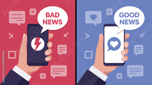 Illustration of hands holding mobile devices with contrasting notifications