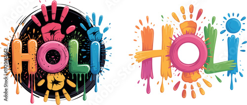 Vibrant holi festival logo with colorful text and paint splatters