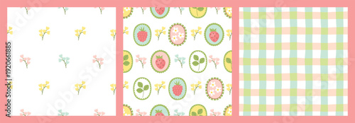 Berries, flowers seamless patterns collection. Plant branches, strawberries and raspberries, openwork frames, tartan check in pastel colors. White backgrounds. Cartoon hand drawn prints in  vector.