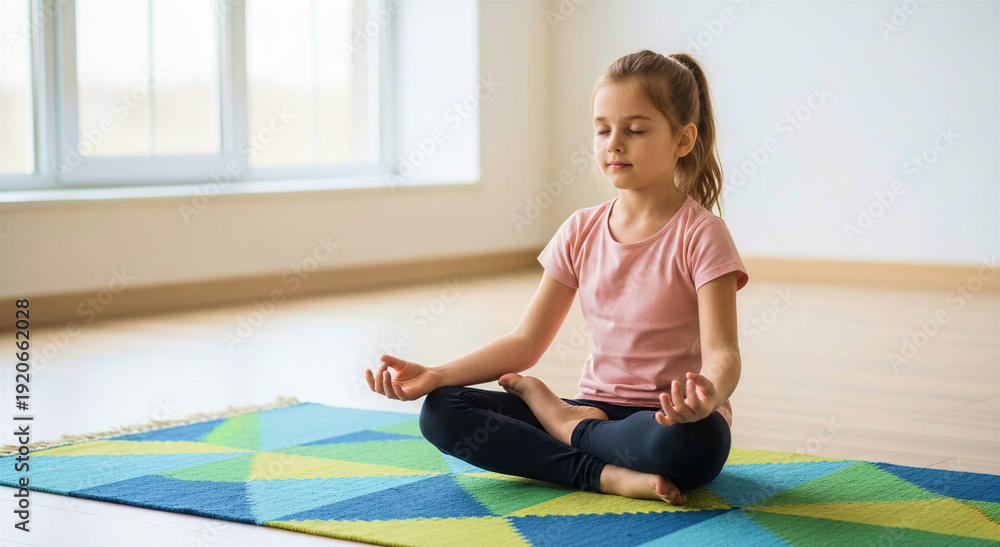 Naklejka premium Girl practicing yoga pose on rug in bright indoor space 