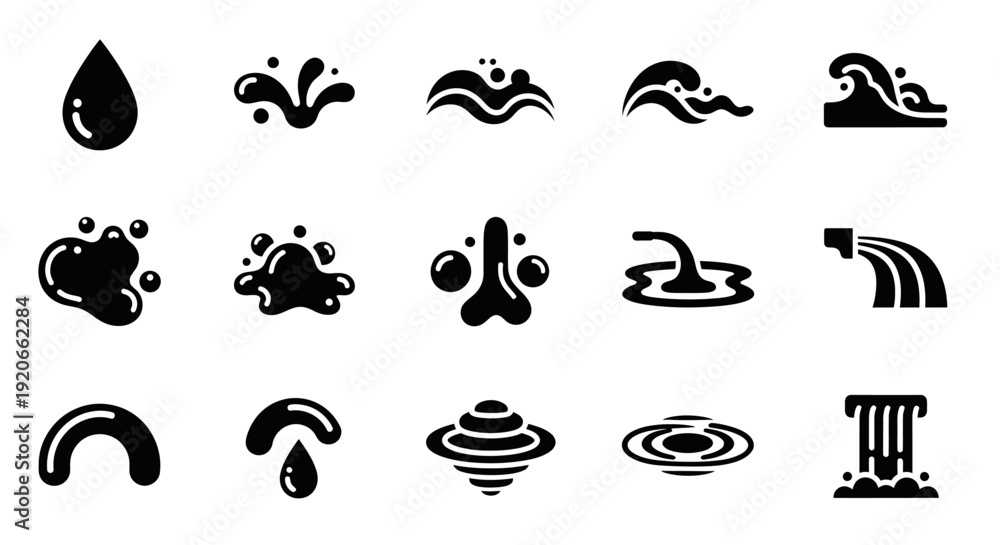Naklejka premium Water drops splashes waves ripples liquid icons set