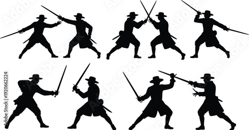 Fencing silhouettes illustration with sword fighting poses, historical attire, combat stances, martial arts concept, black and white artwork design