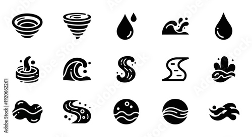 Water and Liquid Icons Set: Flow, Waves, Drops, and Vortex Symbols for Fluid Dynamics Graphics