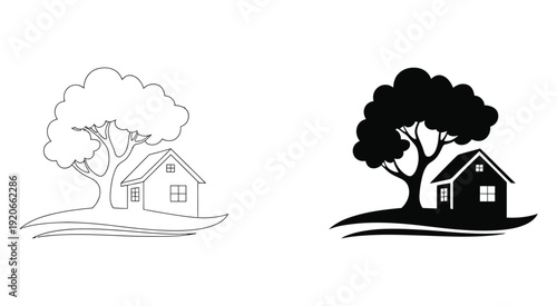 Minimalist tree and house logo design elements in black and white, simple modern emblem concept, real estate and nature-inspired branding icons