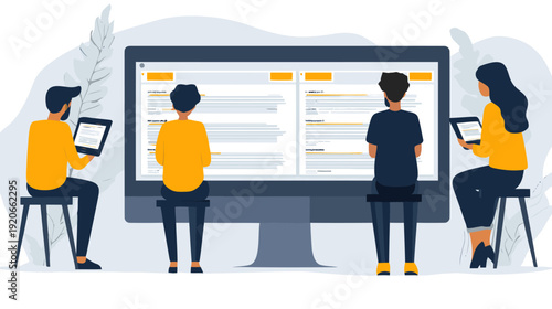 Diverse team of software developers collaborating on project in modern office, working with giant computer monitor, flat vector illustration.