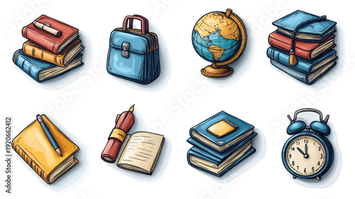 Collection of colorful education and school supplies with books, globe, and backpack on an isolated white background.