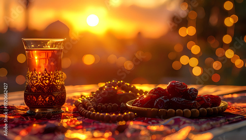 Serene Ramadan iftar table with dates, traditional tea, and prayer beads, bathed in soft sunset light, symbolizing peace and cultural reflection