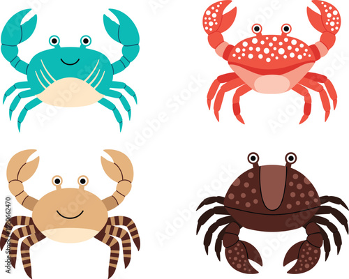 Set of Four Colorful Cartoon Crab Characters Featuring Diverse Shell Patterns and Vibrant Blue, Red, Tan, and Brown Colors for Marine and Coastal Design