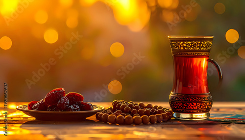 Flat lay Ramadan iftar table with dates, tea glass, prayer beads, soft sunset lighting, perfect for Ramadan greetings and celebrations