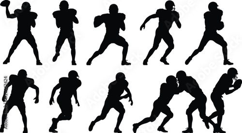American football player silhouettes illustration with action poses, running, throwing, catching, blocking, tackling concept, black and white artwork design