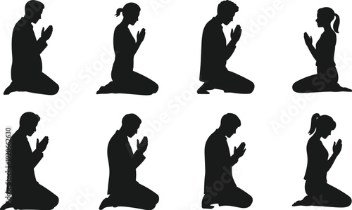 Prayer silhouettes illustration with kneeling figures, meditation, spirituality, reflection, religious practice concept, black and white artwork design