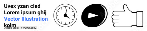 Time tracking, digital media, approval icons, productivity, user interaction, and communication. Black and white clock, play button thumbs-up. Time tracking and digital media