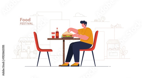 Enjoying Delicious Sandwich at Food Festival: Illustration of a Dining Experience