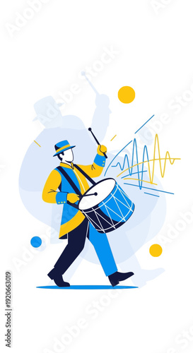 Energetic Drummer's Performance Depicted Through Vibrant Vector Illustration and Sound Waves