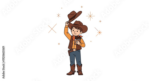 Enthusiastic Young Cowboy Welcomes with Hat and Chocolate against White Background