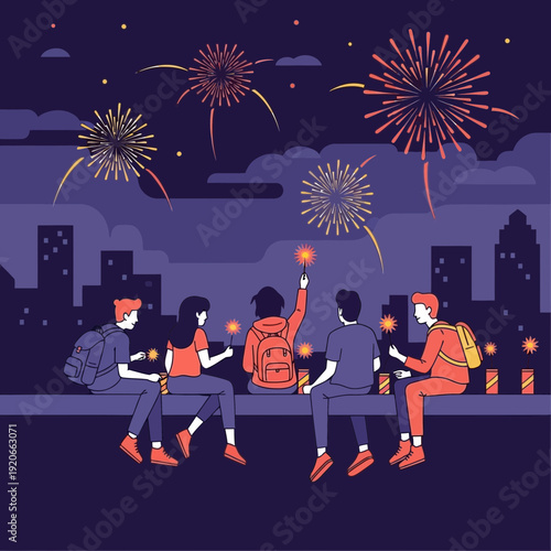 Evening Celebration: Friends Enjoying Fireworks Over Cityscape with Vibrant Explosions and Sparklers