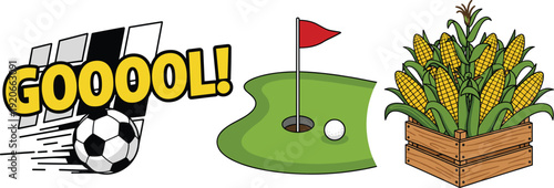 Sports and Agriculture Vector Set Featuring Soccer Goal, Golf Green with Flag, and Fresh Corn Cobs in Wooden Crate for Activity and Farming